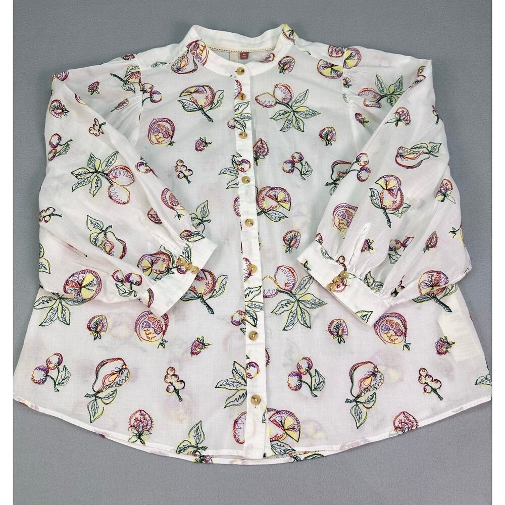 Anthropologie Pilcro Bella Embroidered Fruit Blouse White Cotton Medium Petite - Picture 6 of 12